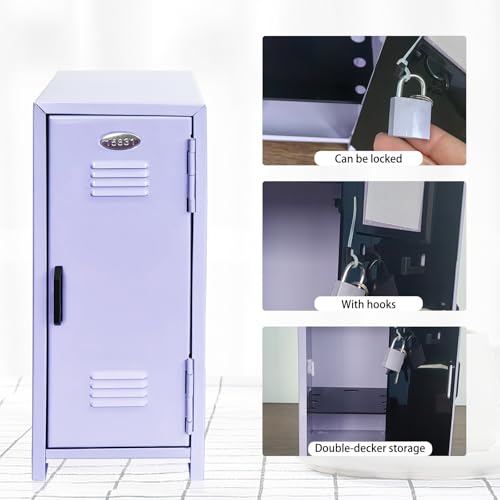 Image of Mini Locker with Lock Key Stickers Box Metal Small Locker Mini Locker Miniature Storage Girls Lockbox Desktop Storage Organizer for Cash Money Jewelry Safe Dollhouse Furniture Accessories (Purple)