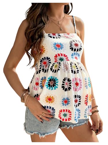 SHENHE Women's Maternity Summer Camisole Top Sleeveless Ruffle Flowy Babydoll Tank Pregnancy Boho Top White Large