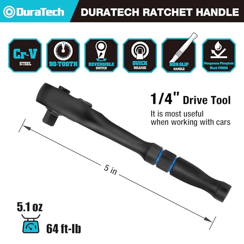 Image of DURATECH 1 /4-Inch Drive Ratchet, 90-Tooth Quick-Release Ratchet Wrench, Reversible, Cr-V Made, 4 Swing, Manganese Phosphate Black Finish, Gifts for Men Gifts for Women