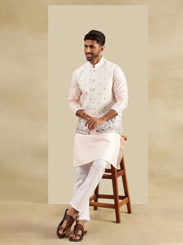 Image of SOJANYA Men's Silk Blend Pink Kurta & White Pyjama With Daman Embroidered Nehru Jacket