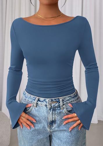 Image of PRETTYGARDEN Women Long Sleeve Shirt 2025 Crop Casual Boat Neck Bell Sleeve Ribbed Ruched Y2K Clothing