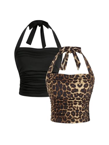 SOLY HUX Girl's 2 Piece Halter Tank Top Leopard Print Ruched Tie Backless Sleeveless Y2k Tops