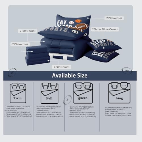 Image of Feelyou Sports Comforter Set 7 Pieces King Size Boys Bedding Set Kids Football Basketball Baseball Soccer Bed in A Bag with Sheets, Pillow Covers, Pillowcases, Navy Blue Sports Game Comforter