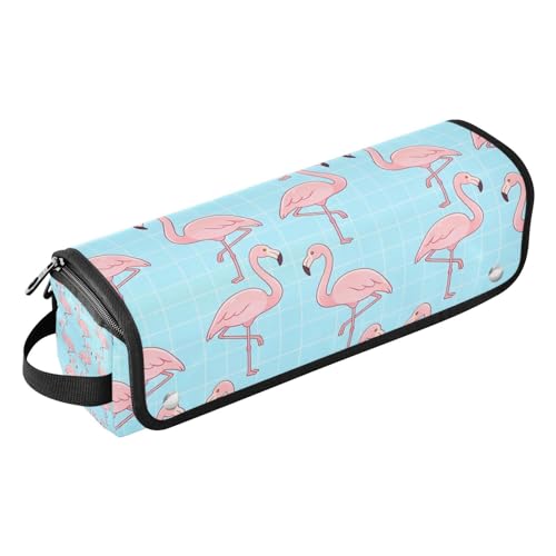 Estuche de viaje 2-en-1 para plancha y rizador con alfombrilla resistente al calor, impermeable, patrón de flamencos azul a cuadros miniatura 1