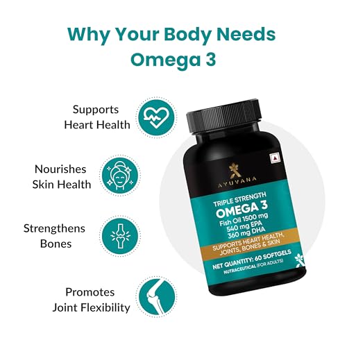 Image of Triple Strength Omega 3 Fish Oil 1500 mg with 540 mg EPA & 360 mg DHA | Supports Heart, Joint, Bone & Skin Health | For Men and Women | 60 Softgels