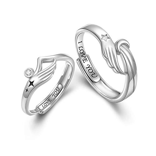 2PCS 925 Sterling Silver Adjustable Rings Couples Promise Engagement Rings for Lovers His and Her Set Sun and Moon 2In1 I Love You Rings