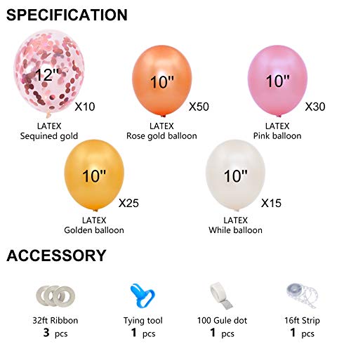 BENERAY Colorful Balloons Garland Arch Kit, 125pcs, Rose Gold + Gold + Pink + White + Confetti, for Birthday, Party, Christmas, Wedding, Anniversary and Vacation