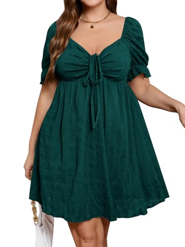 Image of SOLY HUX Women's Plus Size A Line Midi Dress | Summer, Sweetheart Neckline, Puff Short Sleeve, Sundress
