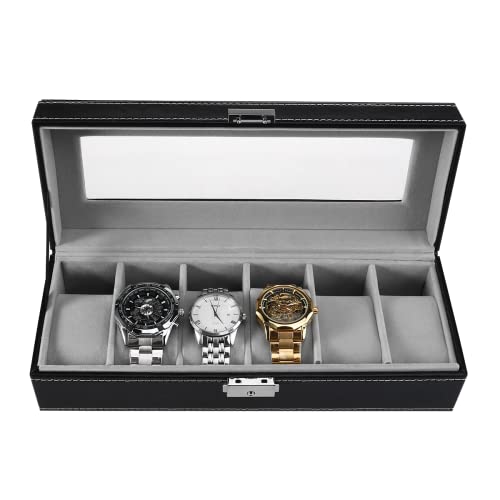 icolorfuled Uhrenbox für Aufbewahrungsbox: Herren Uhren Boxen für Display 6 Fächer schwarzes PU-Leder mit Glasdeckel oder Damen-Schmuck-Armbandhalter Cover