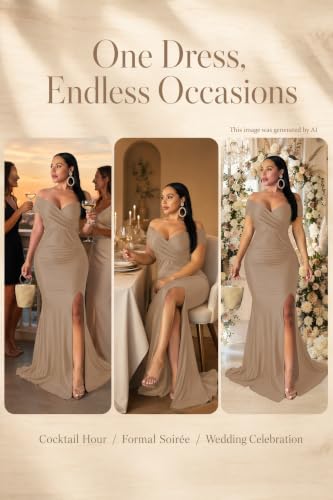 Image of Fooullaide Women Sexy Off Shoulder Elegant V Neck Wrap Formal Evening Gowns | Bodycon, Floor Length, High Split Mermaid Maxi Dress, Stretchy, Prom, Wedding Guest, Cocktail Bridesmaid Wear