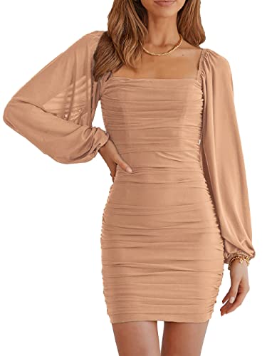 Image of MASCOMODA Women Elegant Square Neck Lantern Long Sleeve Mini Ruched Bodycon Dress Stretch Mesh Slim Party Cocktail Dresses