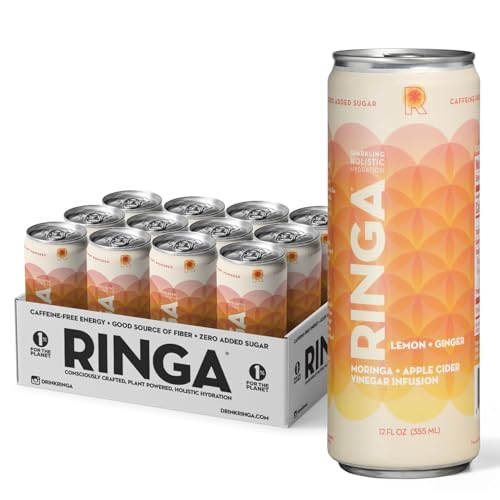 Image of RINGA Lemon Ginger Sparkling Hydration Drink - Organic Moringa + Apple Cider Vinegar with 3g Prebiotic Fiber - No Added Sugar, No Artificial or Natural Flavors - Gut Health & Daily Hydration - 12oz Cans (12 Pack)