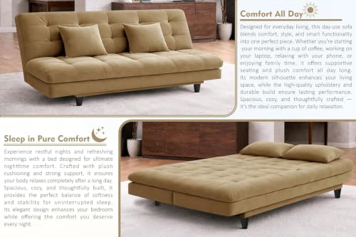 Image of Rosebell Modern Wooden 3-Seater Sofa Cum Bed Foldable Velevt Fabric Sofa for Living Room, Guest Room & Office-Golden-Color