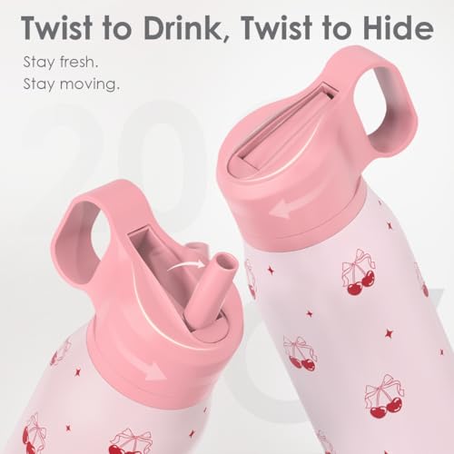 Image of Cherry Water Bottle with Twist Lid Stainless Steel 20oz, Travel Insulated for Sports & Gym, Gift for Women Girl Birthday Christmas