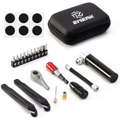 EMERK Bike Repair Tool Kit – Bicycle Multi-Tool Kit with Mini Pump, Ratchet Reversible Tool &10 Tool Bits, Tire Levers, and Portable Bag for Camping and Travel