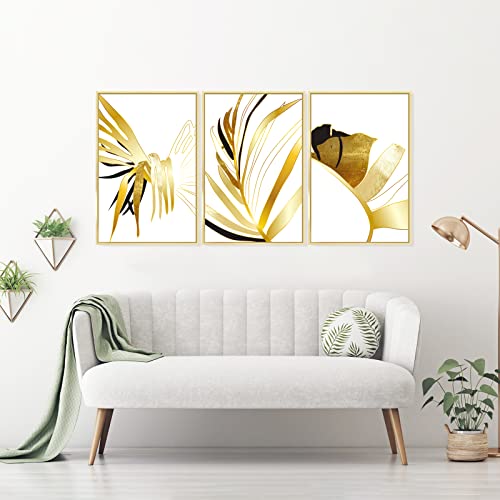 Framed Canvas Wall Art For Living Room Bathroom Bedroom Office, 3 Pieces Botanical Wall Decor Watercolor Golden Foliage Line Art Drawing Abstract Plant Wall Art Set #TOP4