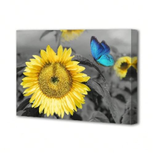 Toile murale tournesol papillon bleu déco intérieur jaune et gris
