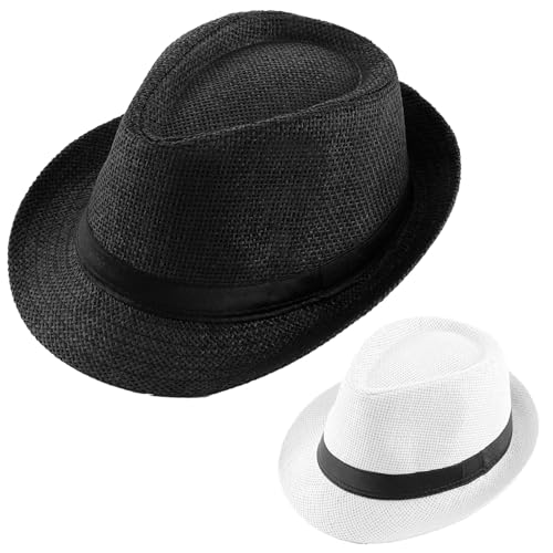 Image of 2 Pack Straw Fedora Hats for Men and Women, Short Brim Summer Beach hat, Trilby Panama Sun Hats.