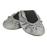 Solemates Purse Pal Foldable Bowed Ballet Flats w/Expandable Tote Bag for Carrying Heels (Medium (7-8.5), Silver)