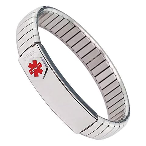 Stainless Steel Medical Alert Bracelet for Women, Elastic ID Bangle Personalized(Put Details in Lift up Section, Customized Medical Card+Strips Free) (19cm/8MM) Cover