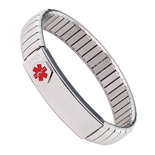 Medizinisches Notfall-Armband aus Edelstahl für Damen, elastischer ID-Armreif, personalisierbar (Details im Hebeabschnitt, personalisierte medizinische Karte + Streifen gratis) (19 cm/8 mm)