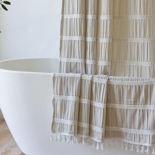 Siiluminisoy Cream Shower Curtain Fabric Rustic Shower Curtain Farmhouse Striped Cotton Blend Thick...