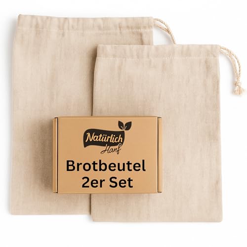 Natürlich Hanf® Brotbeutel 2er Set | Leinenbeutel aus 100% Naturhanf | Brotsack zum Frischhalten | wiederverwendbare Brötchentüten Größe: 30x40 cm