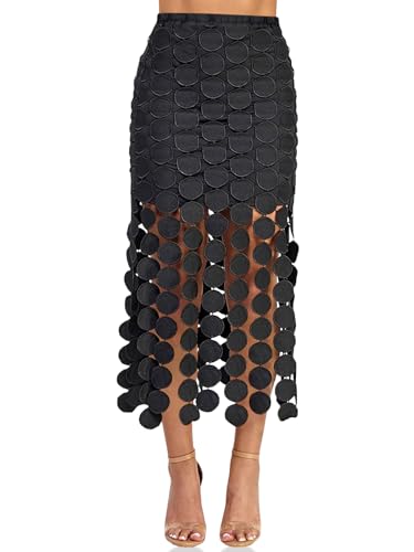 Cicy Bell Womens Hollow Out Maxi Skirts Summer High Waisted Boho Fringe Hem Skirt Beach Vacation Outfits