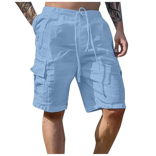 Foweknow Pantalones cortos de verano de gran tamaño para hombre, pantalones cortos de ocio de lino, pantalones cortos de verano ligeros de algodón, de corte recto, pantalones cortos deportivos de