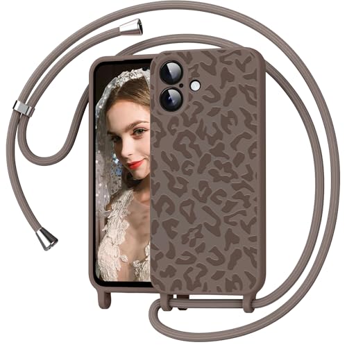 Mosoris Handyband für iPhone 17 Hülle mit Band Leopardenmuster Silikon Handyhülle mit Kette Necklace Schutzhülle zum Umhängen Kordel Liquid Silikon Case für iPhone 17 6.3 Kahki