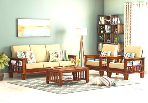 Image of Solid Sheesham Wood Sofa Set 5 Seater, Wooden Sofa Sets 3+1+1 for Living Room, Five Seater Sofa Set with Cream Cushions for Office & Lounge, Honey