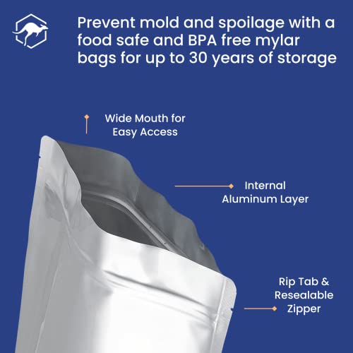 Wallaby 50 Count 1-Pint Gusset Mylar Bags with Labels, 11 Mil Total Thickness Long-Term Food Storage Pouches, 15x12 Stand-Up Zipper Heat-Sealable Airtight Packaging - Silver