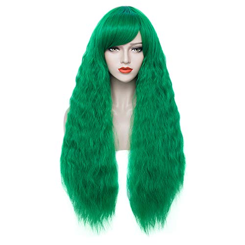 Bopocoko Green Wigs for Women 32'' Extra Long Curly Wavy Hair Wig With Bangs Cute Fluffy Cosplay Costume Wig for St. Patrick's Day Halloween BU231GR