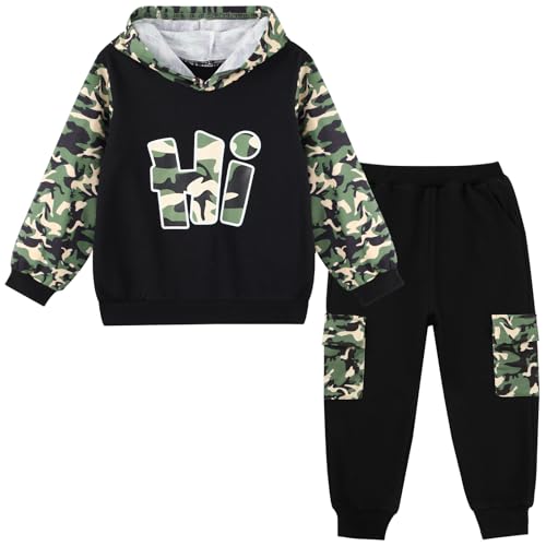 Hovershoes Conjunto deportivo para niños con sudadera con capucha camuflada y pantalones jogger de 2 piezas para otoño e invierno, para deporte, escuela, casual, para niños de 3 a 8 años, Verde
