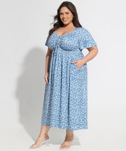 CARCOS Plus Size Dresses for Curvy Women Tie Sweetheart Neck Summer Maxi Dress Short Sleeve Empire Waist Floral Boho Dress3