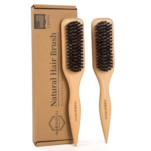 SAMEBUTECO 2 Packs Slick Back Hair Brush for Women Boar Bristle Brush Wood Handle for Sleek Ponytail Bun,Smoothing Flyaway Hair and Edge,for Backcombing,Teasing,Sectioning,Parting