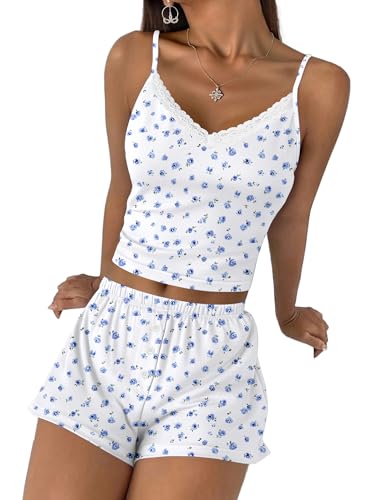 Image of Ekouaer Cami Pajama Sets Y2K 2 Piece Lace Crop Top and Shorts Sexy Pjs Summer Lingerie Sleepwear Nightwear for Women