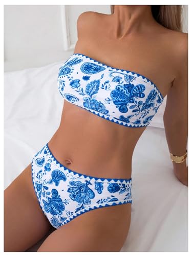 Verdusa Women's 3 Piece Floral Strapless Bikini Set Backless Bandeau Swimsuits with Cover Up Skirt3