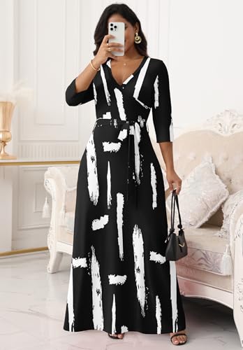 FANDEE Women Print Maxi Dress V Neck 3/4 Sleeve for Women Casual Tie Waist Belted Dresses4