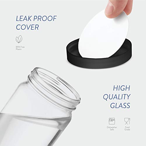 Travel Glass Drinking Bottle Mason Jar 16 Ounce [6-Pack] Plastic Airtight Lids, Reusable Glass Water Bottle For Juicing, Smoothies, Kombucha, Tea, Milk Bottles, Homemade Beverages Bottle, #TOP4