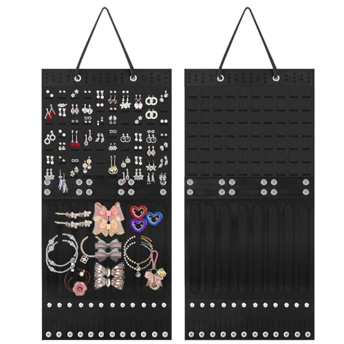 Image of HASTHIP Wall Hanging Jewellery Organizer Women, Large Necklaces Earrings Organizer Box Hanger, Soft Felt Bracelets Earrings Storage Holder Display Board Jewelry, Ear Studs, Hair Clips, Black