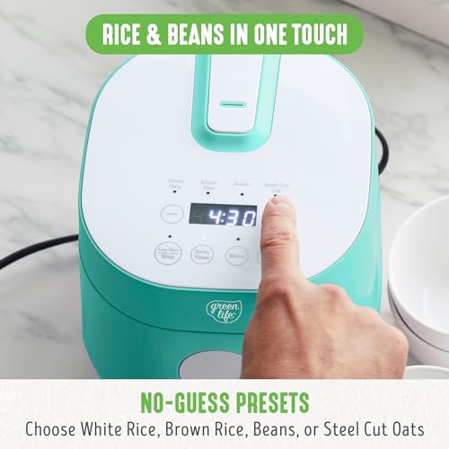 GreenLife Healthy Ceramic Nonstick 4-Cup Rice Beans Oats and Grains Cooker, PFAS-Free, Dishwasher Safe Parts, Turquoise