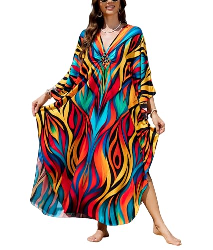 Image of IMAGEKOPE Women's Plus Size Animal Print V-Neck Batwing Kaftan Beach Dress Bathing Suit Cover-Up Loungewear