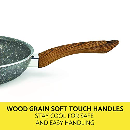 BELLA 12 Piece Wood Grain Pattern Handle Set Nonstick Cookware, Gray Speckle 4 Gallery Image