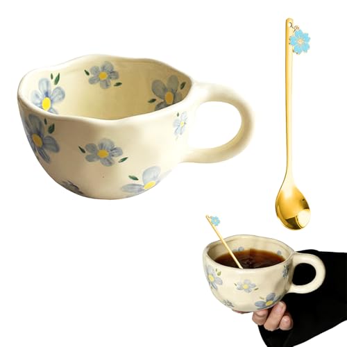 Gifts for Her Birthday Flower Ceramic Coffee Mug Set 400ml with Matching Spoon Floral Autumn Design Durable Microwave and Dishwasher Safe Present for Wife Mom Friend