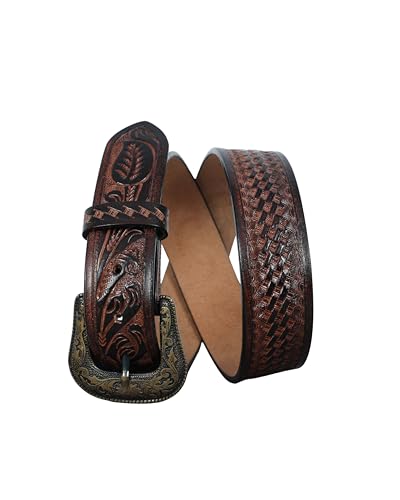 Handmade Full Grain Leather Tooled Western Belt – Floral & Basketweave Design – Interchangeable Buckle2