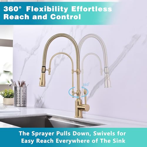 Image of Copper Kitchen Faucet, Single Handle, 360 Swivel High Arc Kitchen Sink Faucet, Brushed Gold Pull Down Kitchen Faucet Solid Brass Handle