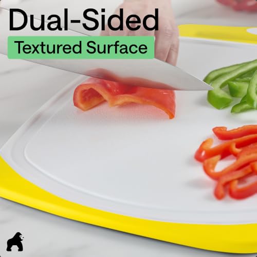 Image of GORILLA GRIP BPA-Free Reversible Kitchen Cutting Board Set of 3, US Designed, Nonporous, Juice Grooves Catch Liquid, Slip Resistant Border, Dishwasher Safe, Durable Large Food Chopping Boards, Yellow