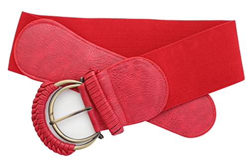 Women Red Color Fashion Belt - Wide Elastic Waistband High Waist Hip Gold Metal Buckle Fit Size M3