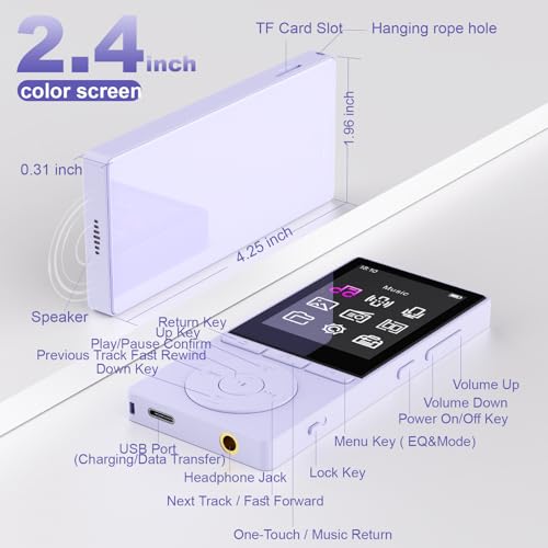 Image of 64GB MP3 Player with Bluetooth 5.3, Music Player with HiFi Sound for Sports Runners, 2.4 inch Screen MP3 Player Built in HD Speaker Voice Recorder E-Book, Expanded Up to 128GB, Earphone Included, Purple